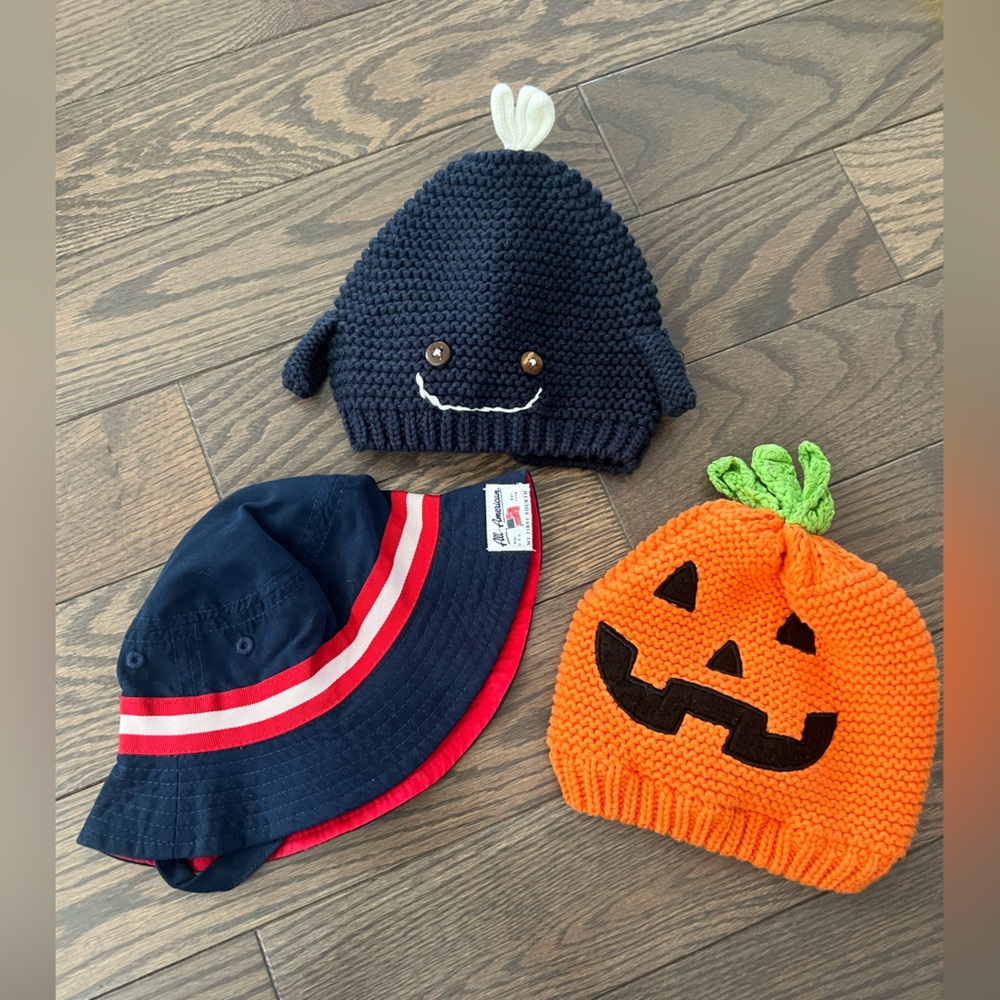 Navy Whale, Orange Pumpkin, and Navy Bucket Kids Hats